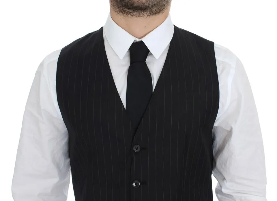 Dolce & Gabbana Men's Chic Black Striped Wool Silk Dress Vest