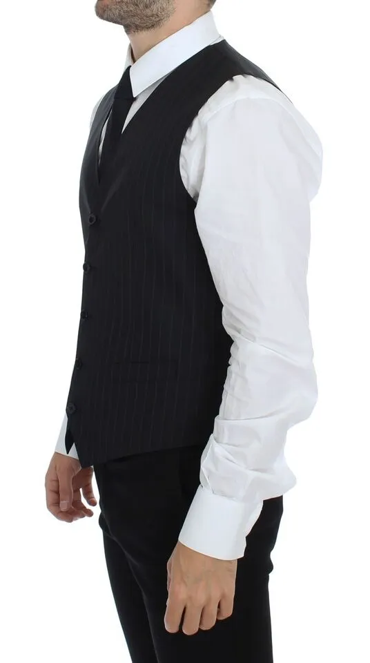 Dolce & Gabbana Men's Chic Black Striped Wool Silk Dress Vest