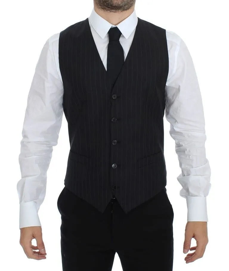 Dolce & Gabbana Men's Chic Black Striped Wool Silk Dress Vest