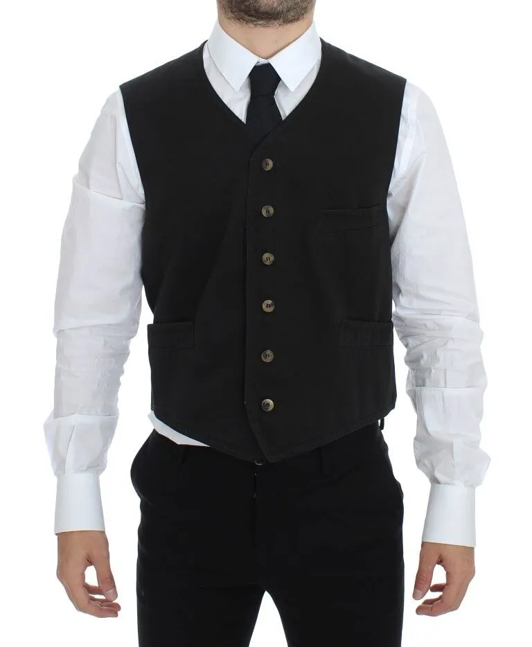 Dolce & Gabbana Men's Elegant Black Cotton Blend Dress Vest