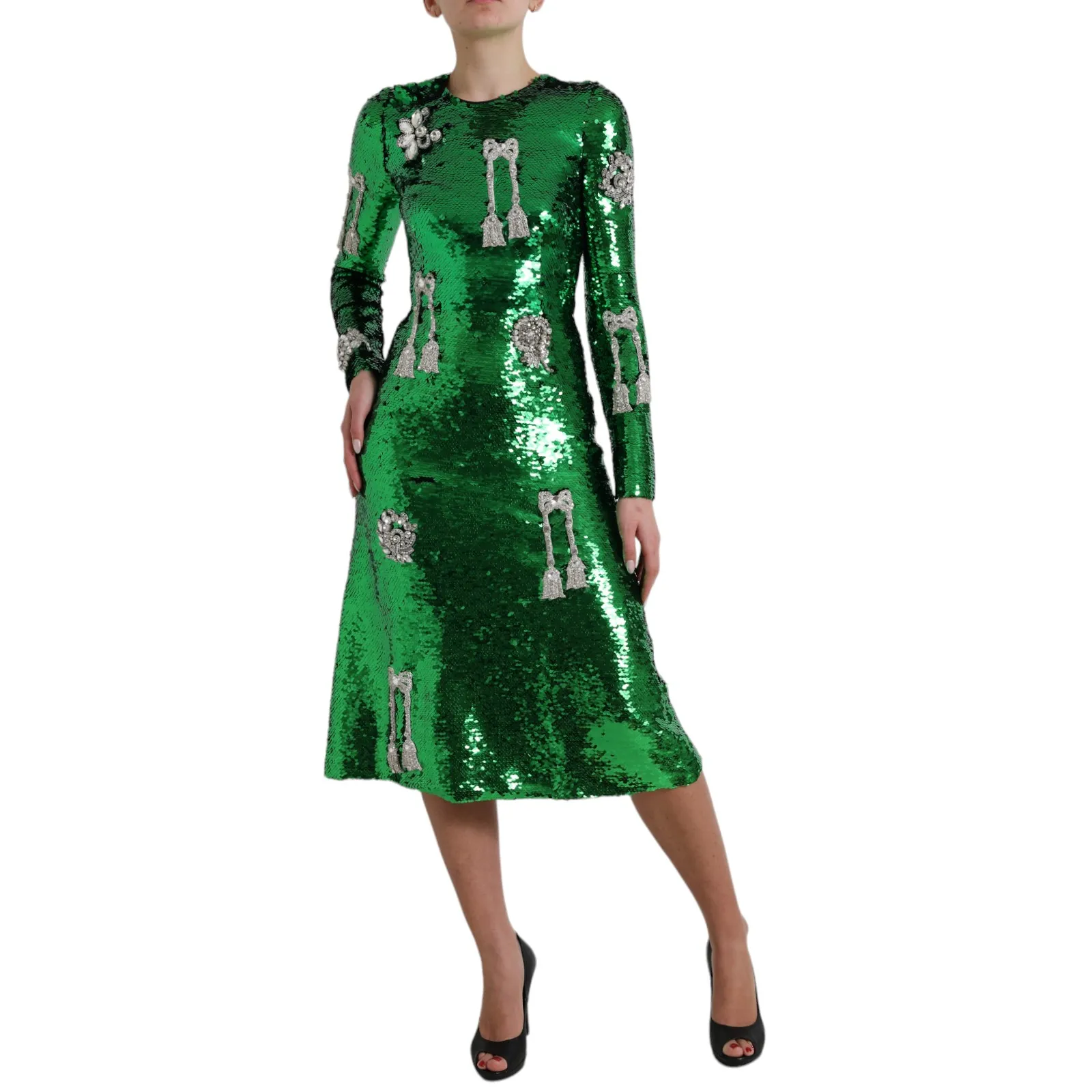 Dolce & Gabbana Women's Elegant Below Knee Green Embroidered Dress