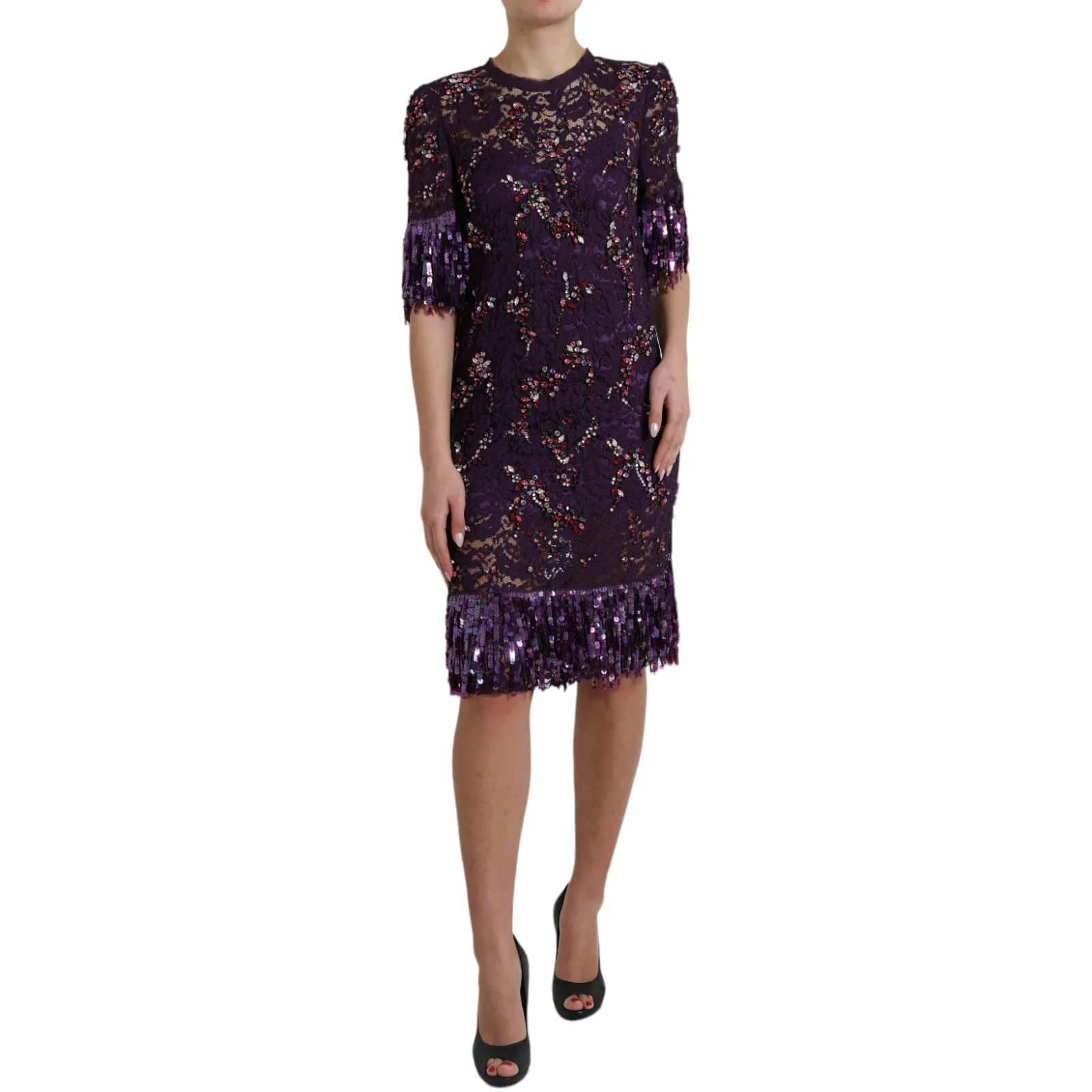 Dolce & Gabbana Women's Elegant Purple Floral Lace Crystal Dress