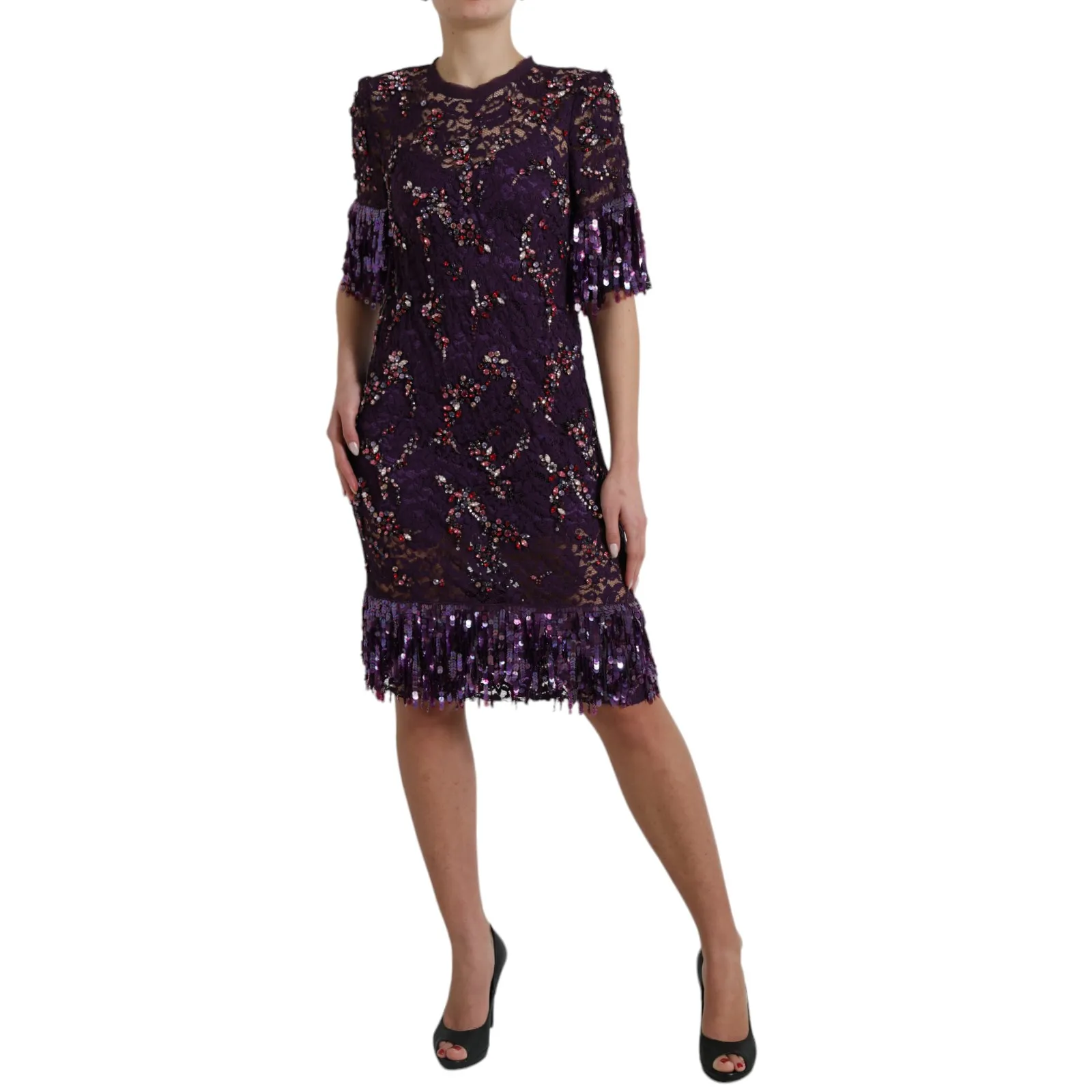 Dolce & Gabbana Women's Elegant Purple Floral Lace Crystal Dress