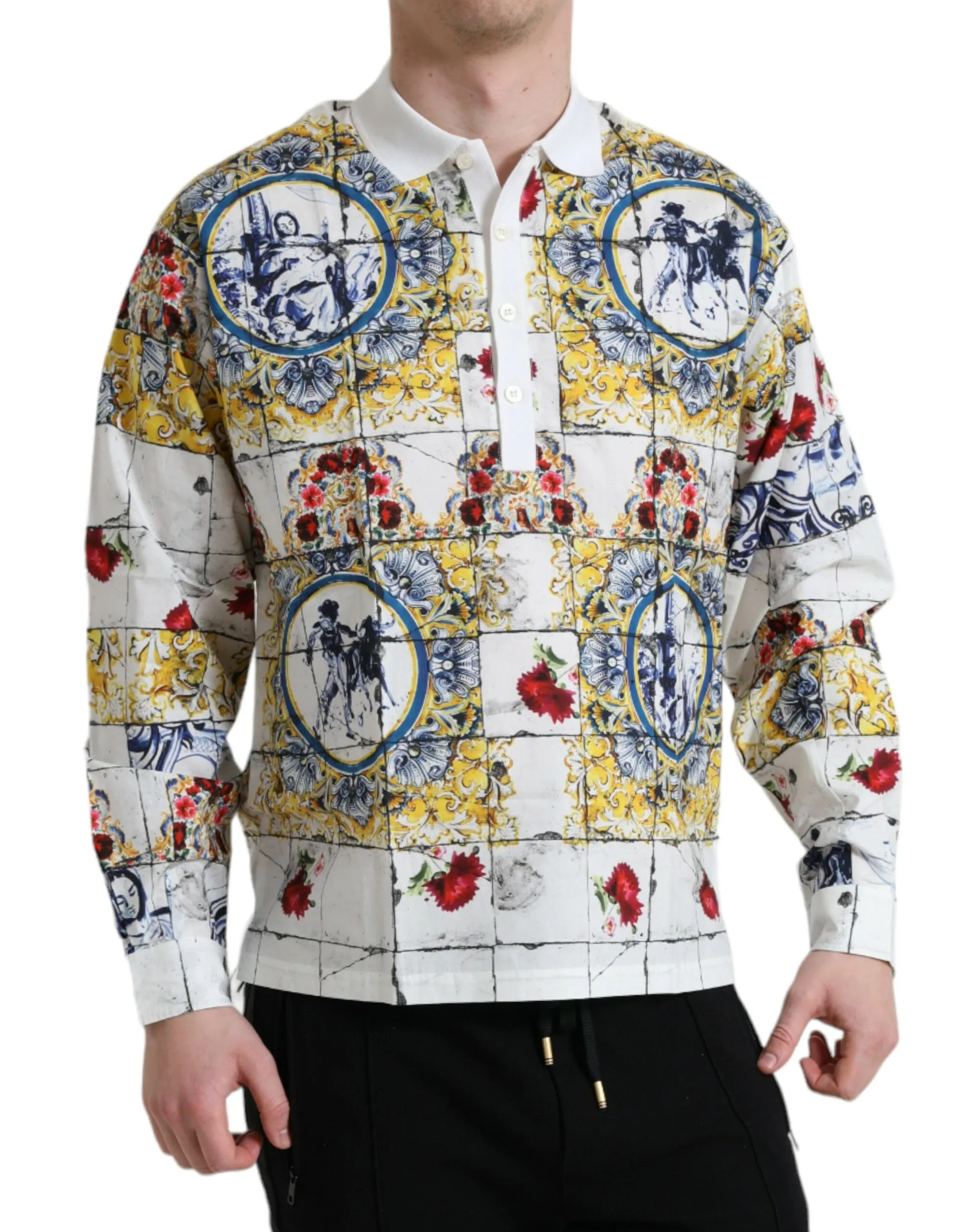 Dolce & Gabbana Men's Elegant Majolica Pattern Polo Long Sleeve Shirt