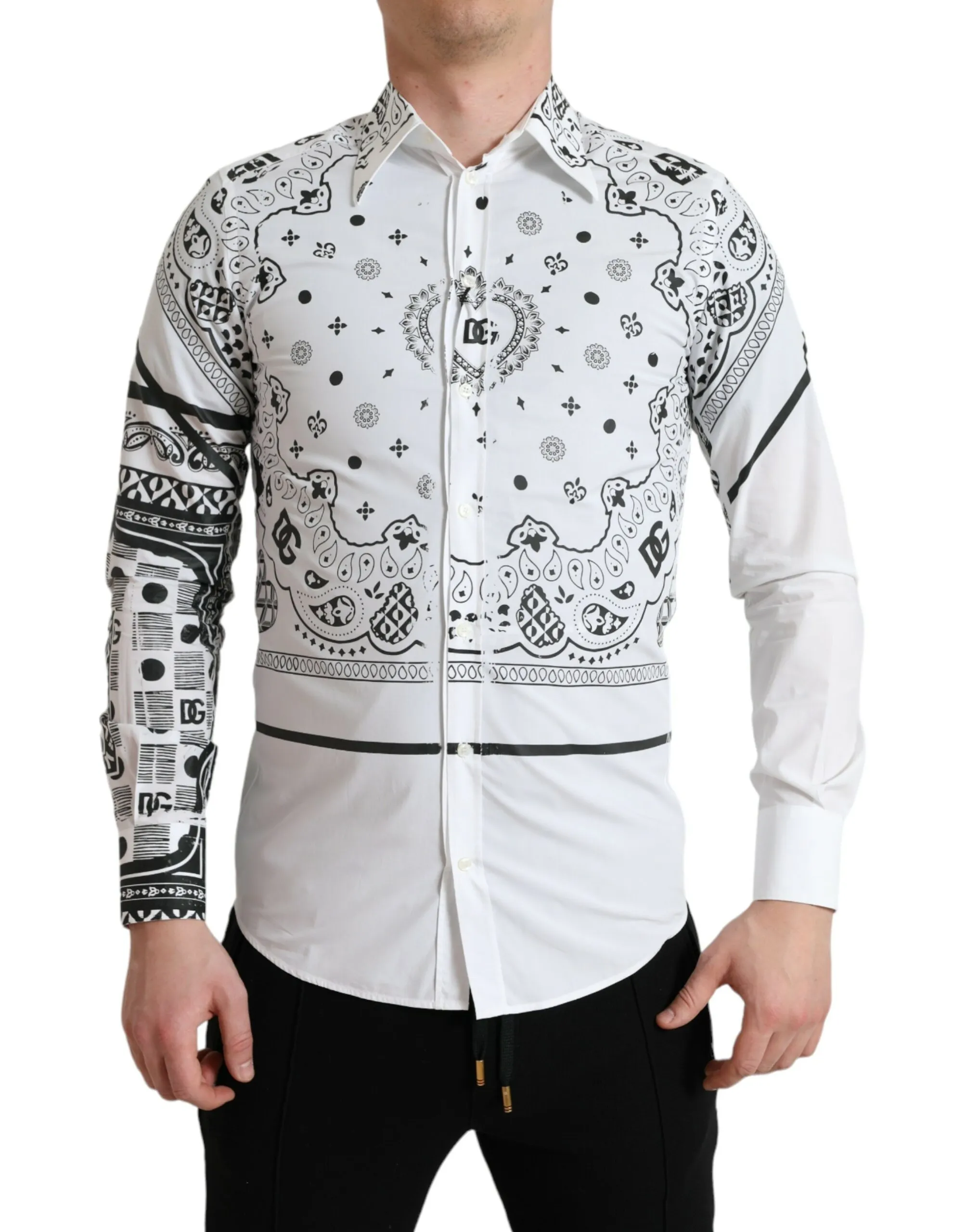 Dolce & Gabbana Men's White Cotton Bandana Print Dress Shirt