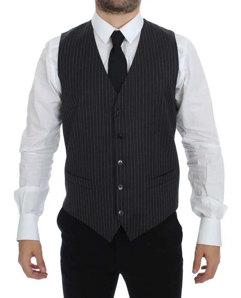 Dolce & Gabbana Men's Elegant Gray Striped Wool Dress Vest