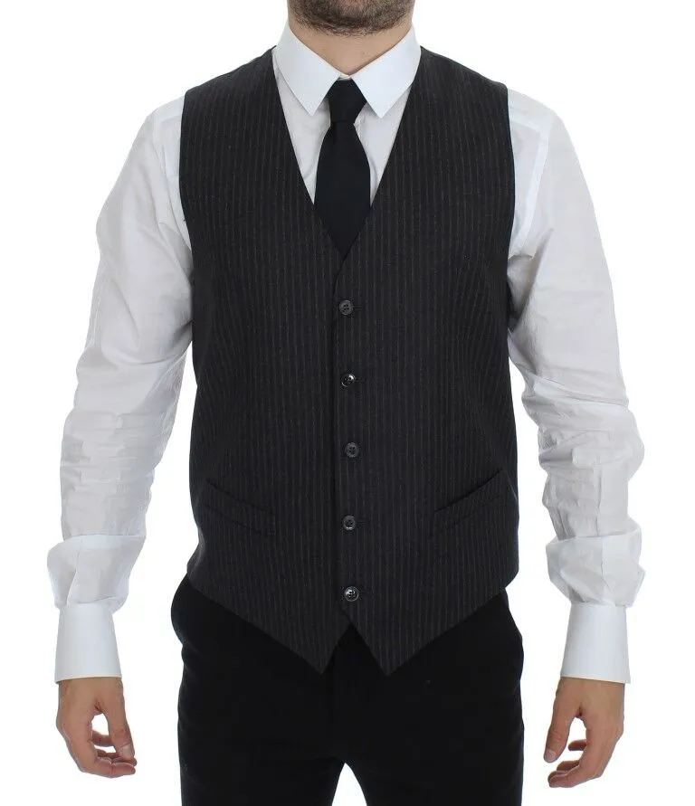 Dolce & Gabbana Men's Elegant Gray Striped Wool Dress Vest