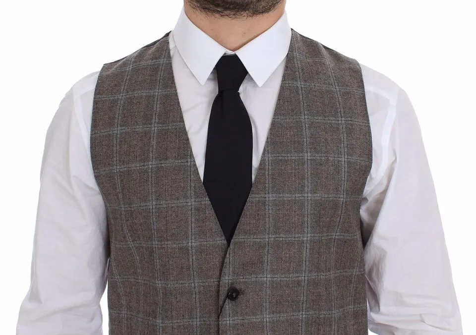 Dolce & Gabbana Men's Elegant Brown Checkered Wool Dress Vest