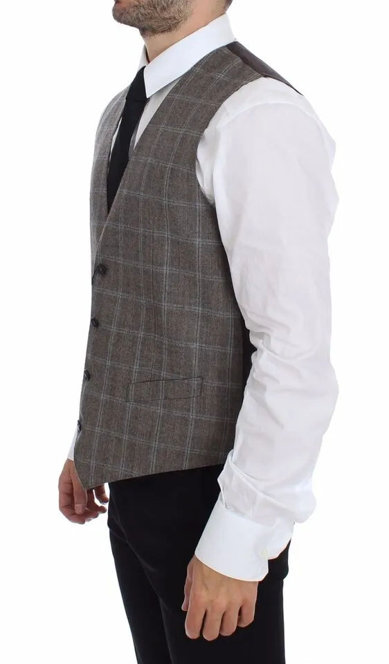 Dolce & Gabbana Men's Elegant Brown Checkered Wool Dress Vest