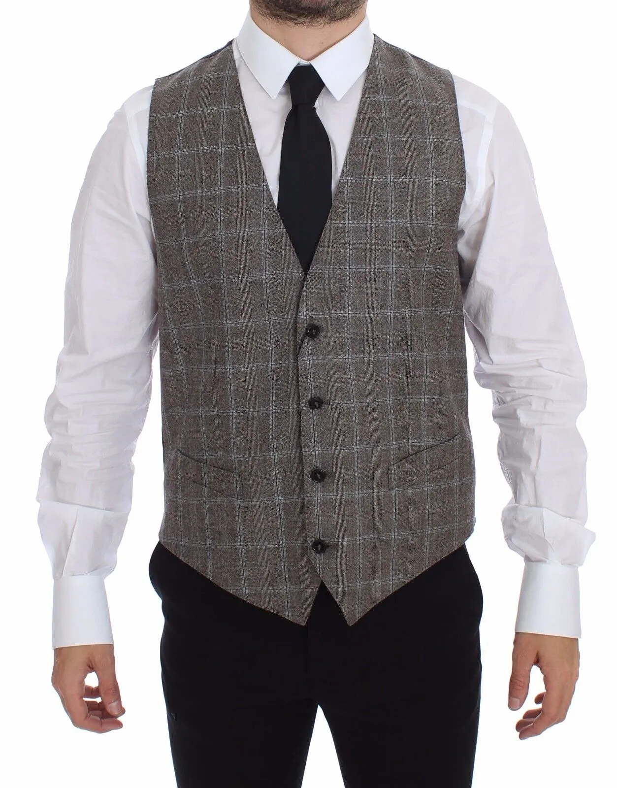 Dolce & Gabbana Men's Elegant Brown Checkered Wool Dress Vest