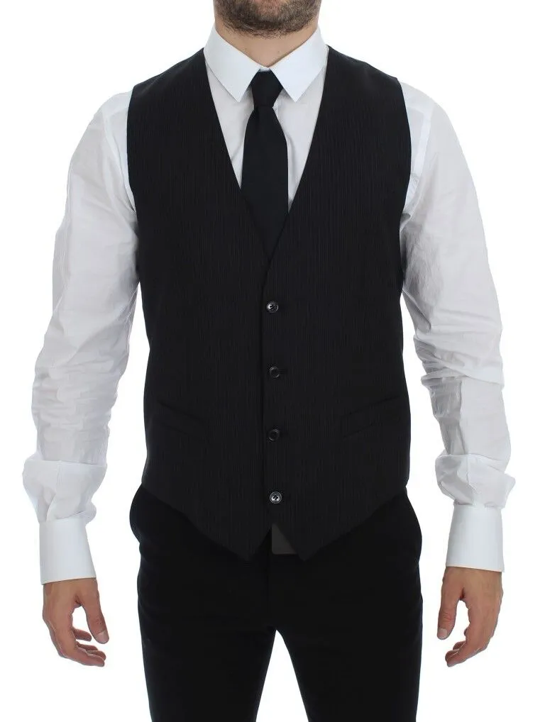 Dolce & Gabbana Men's Elegant Black Striped Wool Dress Vest