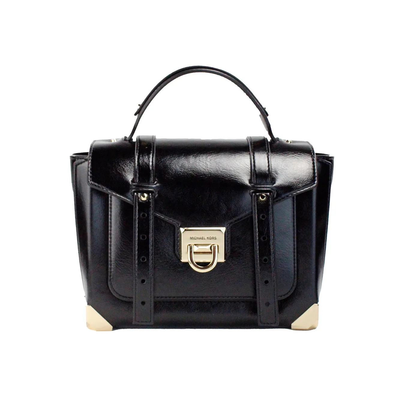 Michael Kors Women's Manhattan Medium Slick Black Leather Top Handle School Satchel Bag
