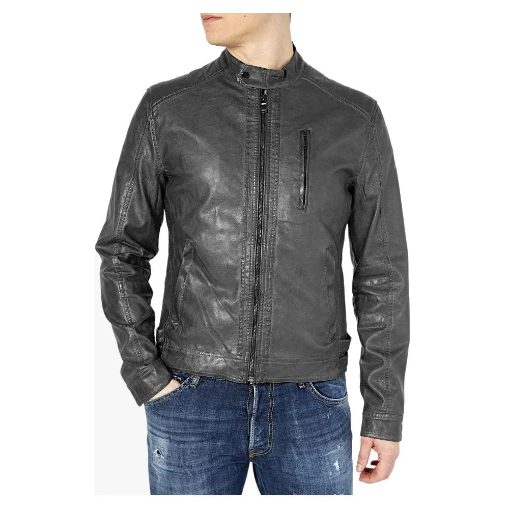 Yes Zee Men's Sleek Eco-Leather Zip-Up Jacket with Button Details
