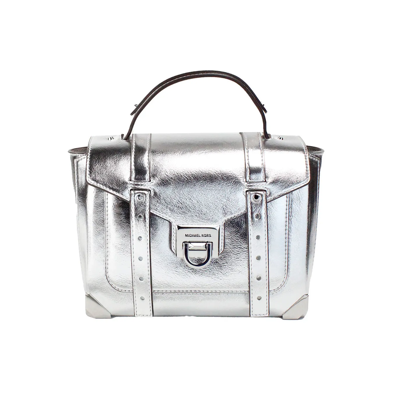 Michael Kors Women's Manhattan Medium Silver Leather Top Handle Satchel Bag