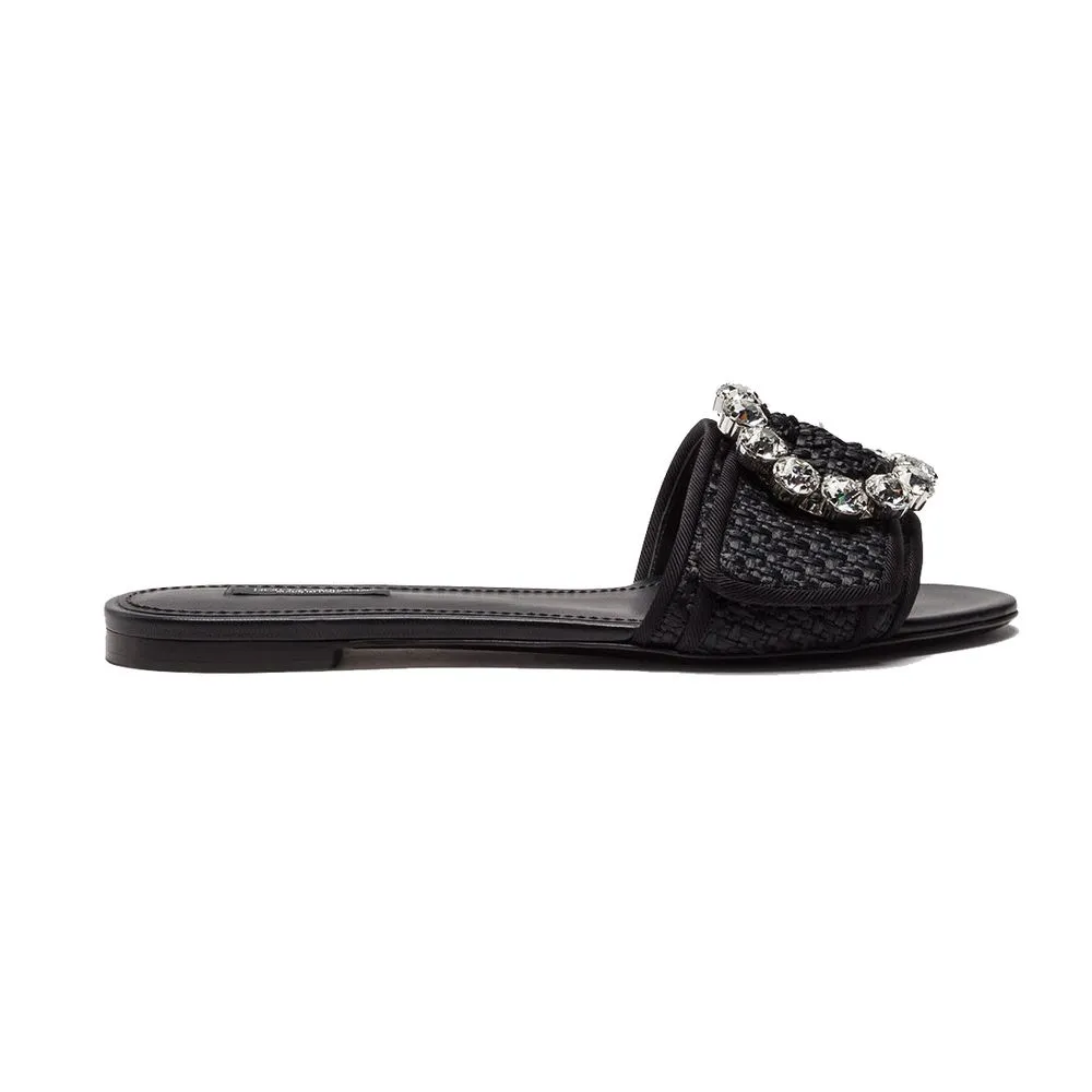 Dolce & Gabbana Women's Elegant Woven Raffia Slippers with Jewel Buckle