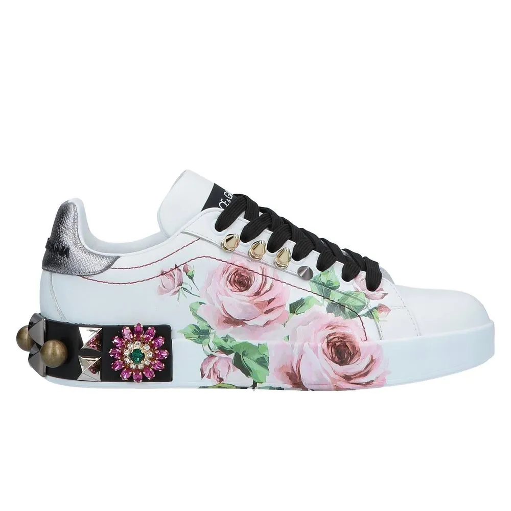 Dolce & Gabbana Women's Chic White Calfskin Sneakers with Rose Detail