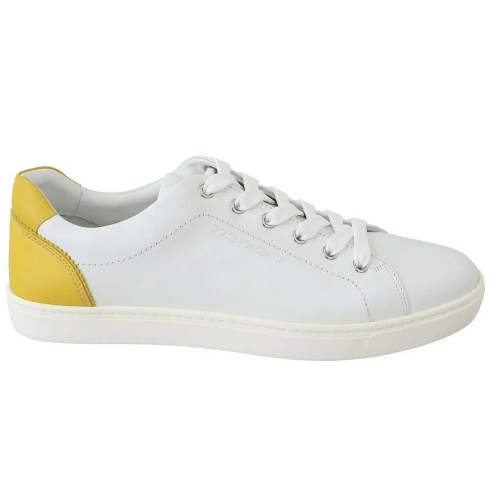 Dolce & Gabbana Men's Elegant White Calfskin Sneakers with Yellow Accent