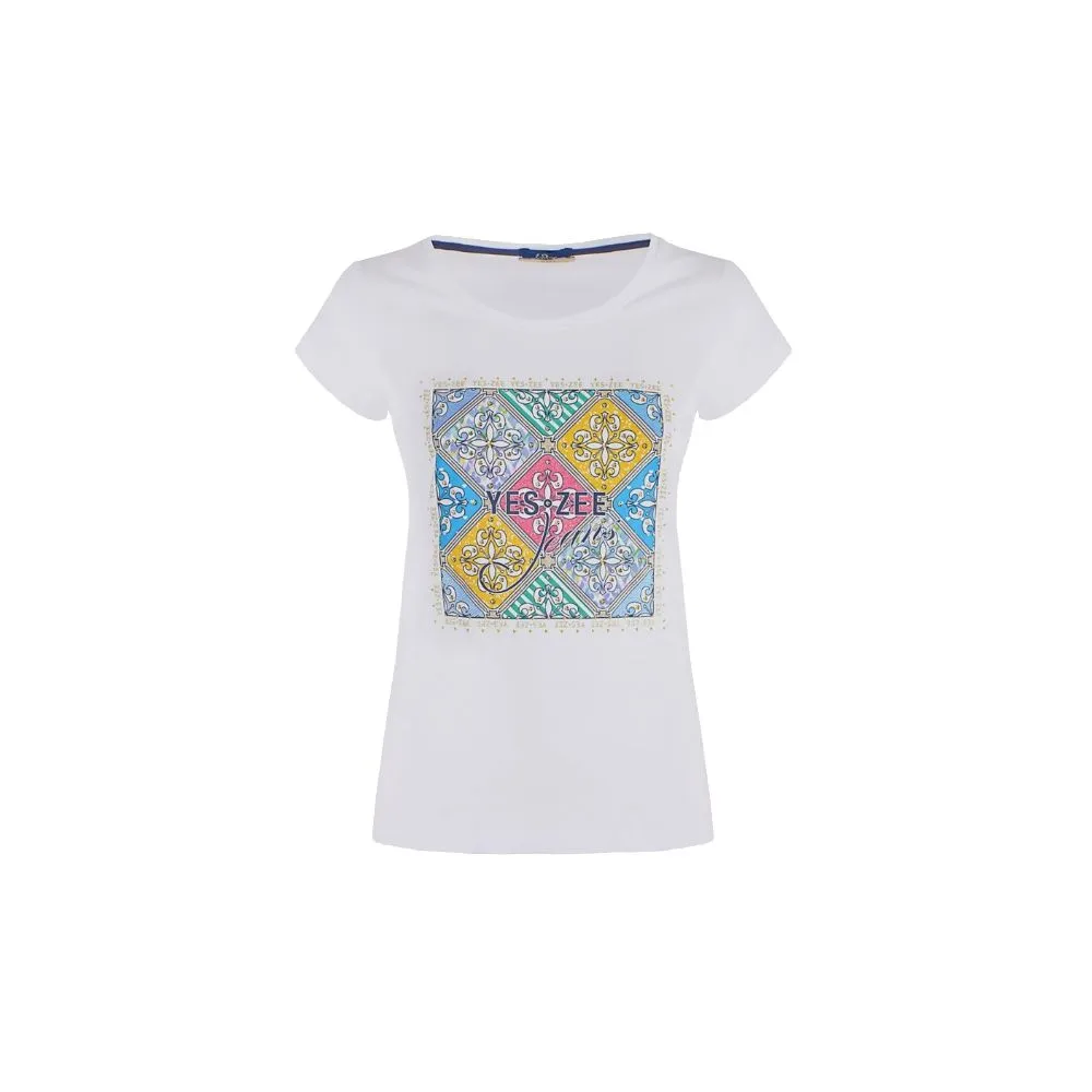 Yes Zee Women's Majolica Print Cotton Tee with Gold Accents