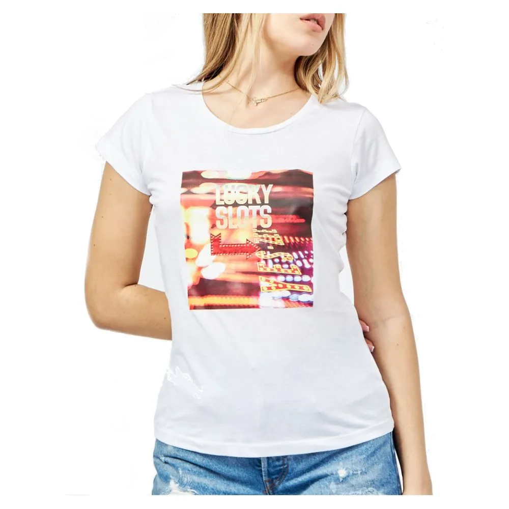 Yes Zee Women's Crisp White Crew-Neck Cotton Tee with Front Print