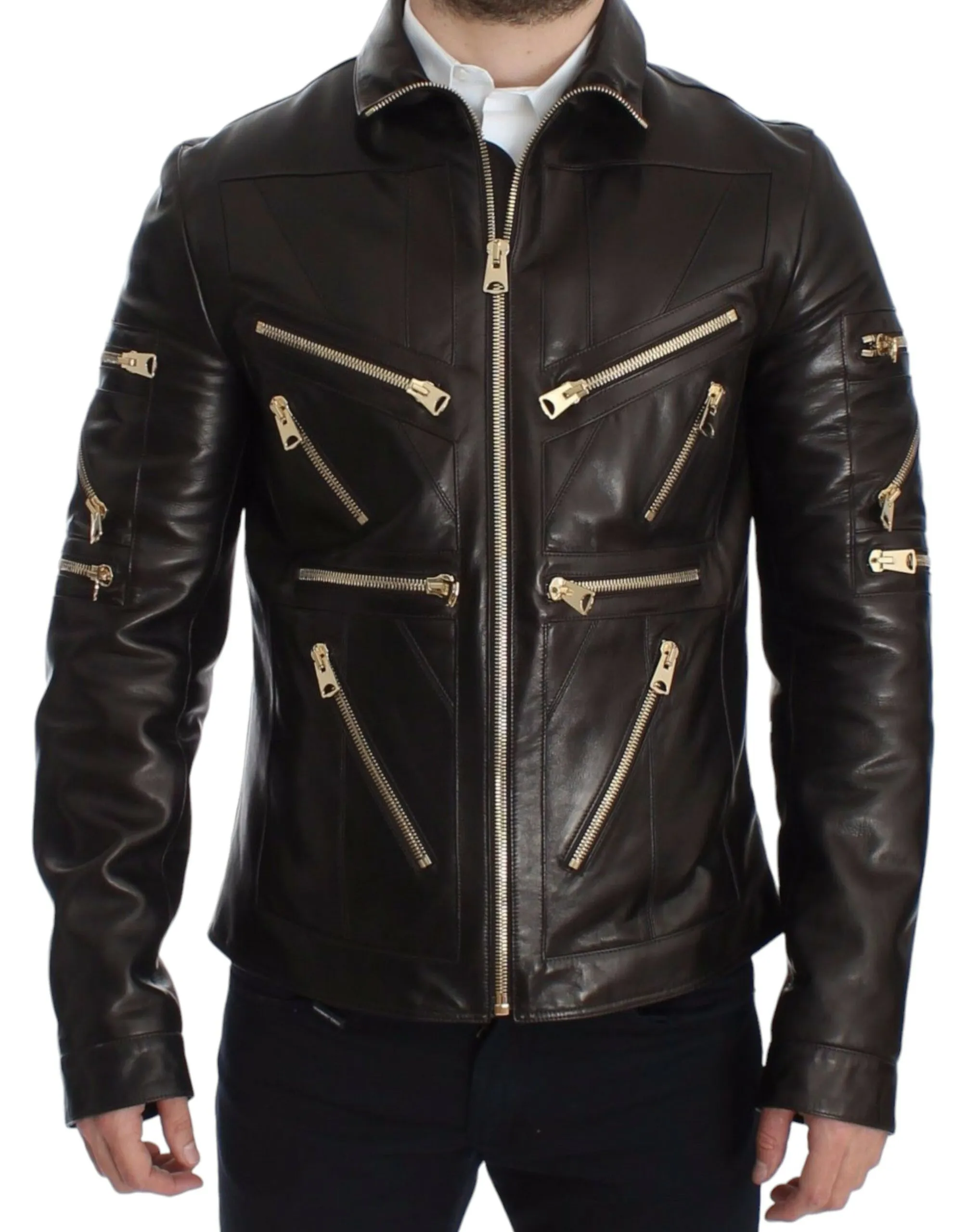 Dolce & Gabbana Men's Elegant Brown Gold-Detailed Leather Jacket