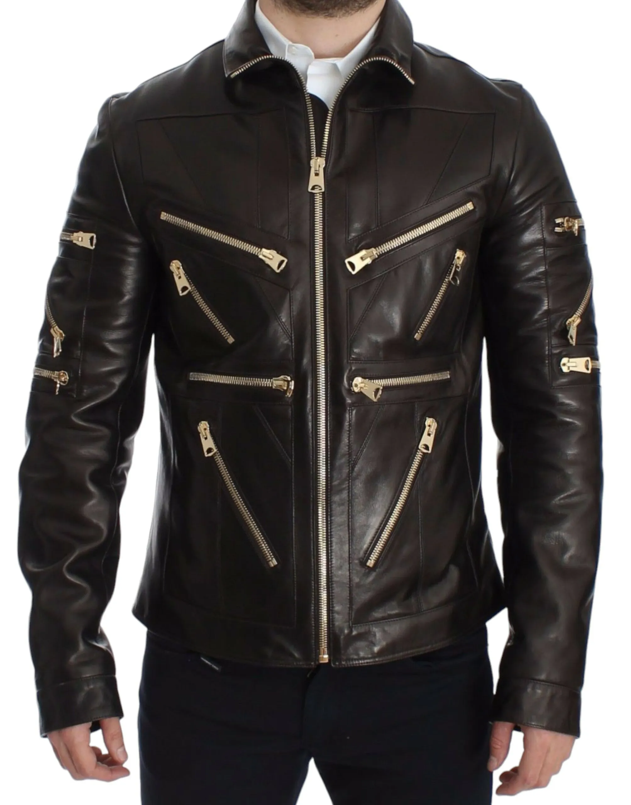 Dolce & Gabbana Men's Elegant Brown Gold-Detailed Leather Jacket