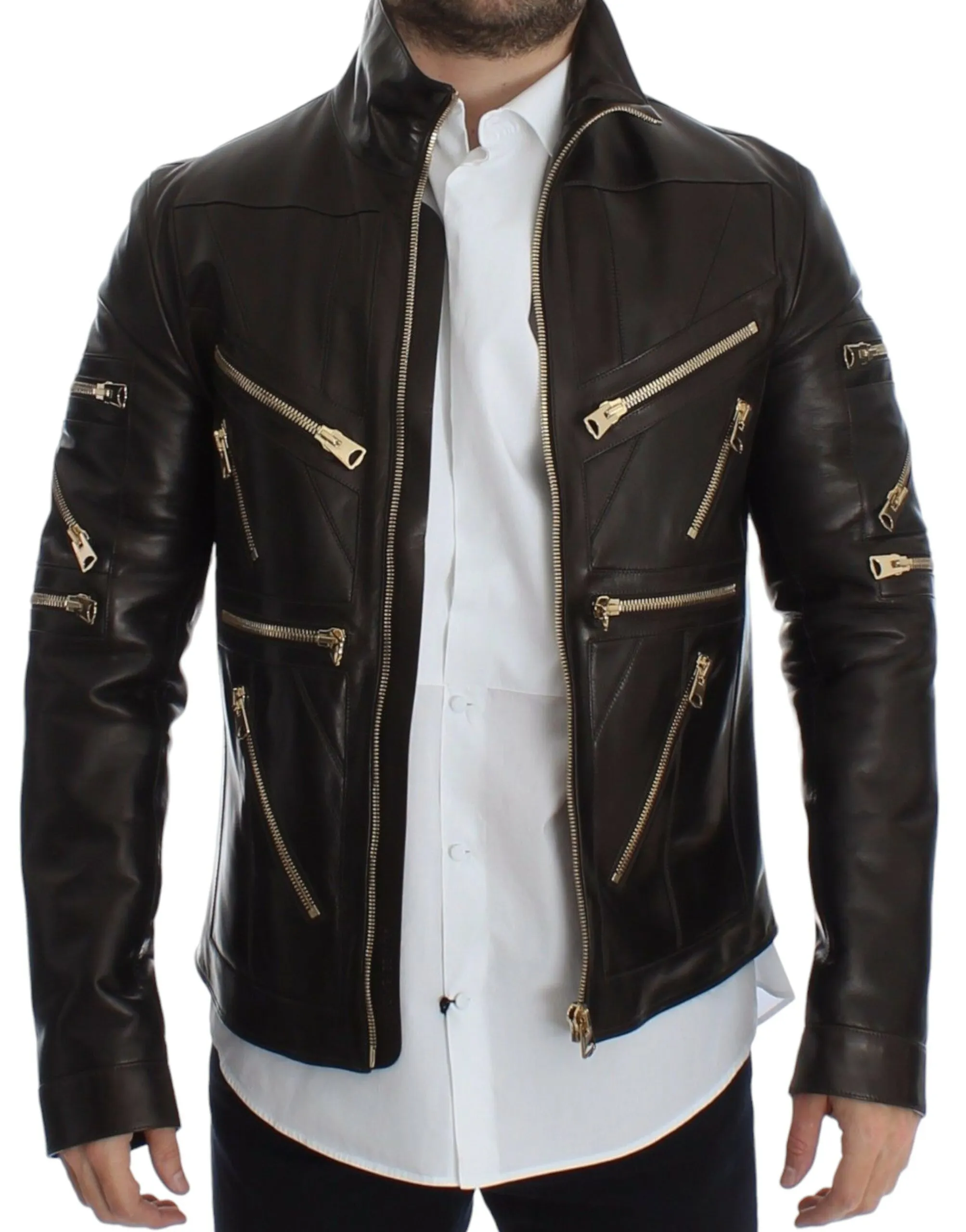 Dolce & Gabbana Men's Elegant Brown Gold-Detailed Leather Jacket