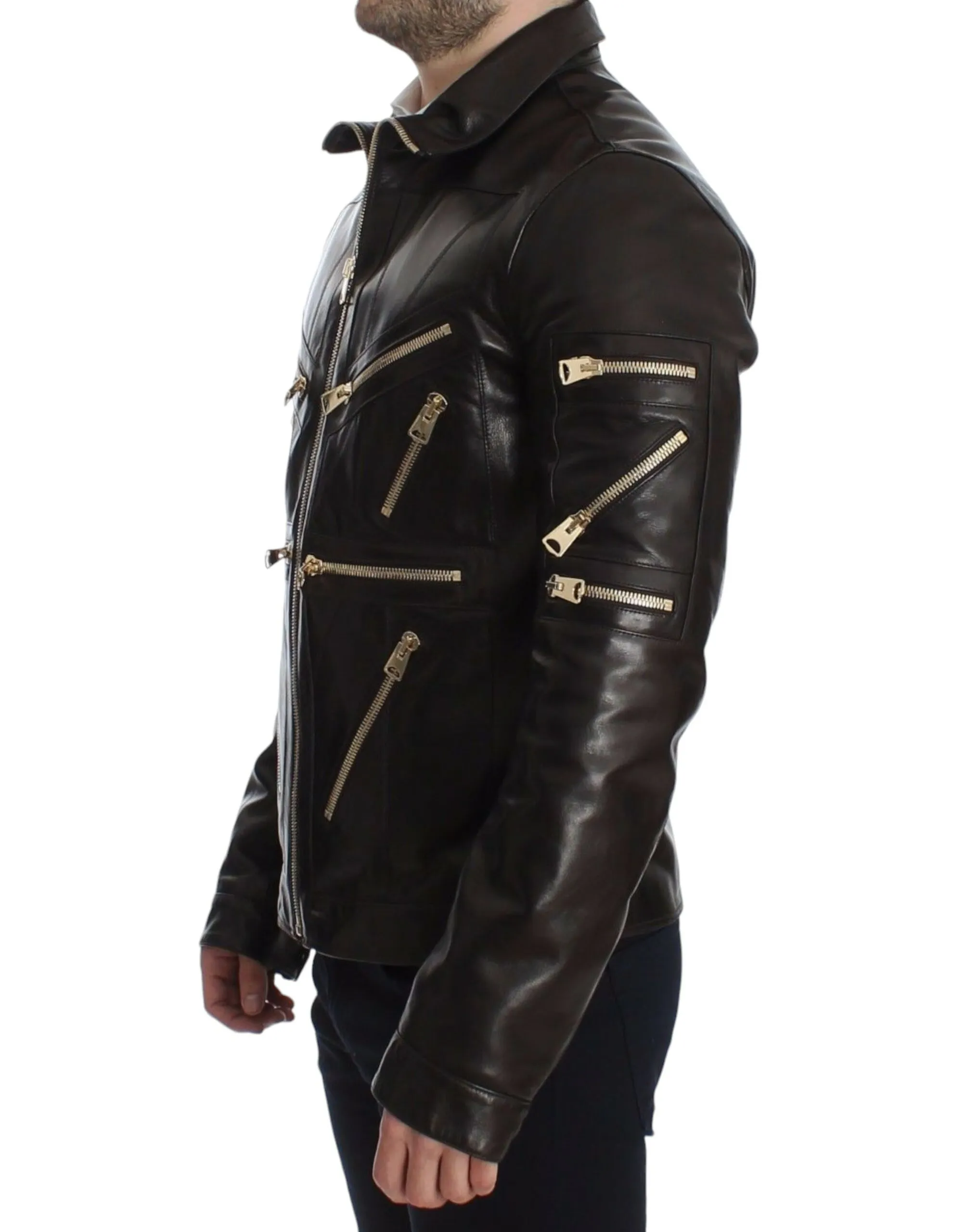 Dolce & Gabbana Men's Elegant Brown Gold-Detailed Leather Jacket