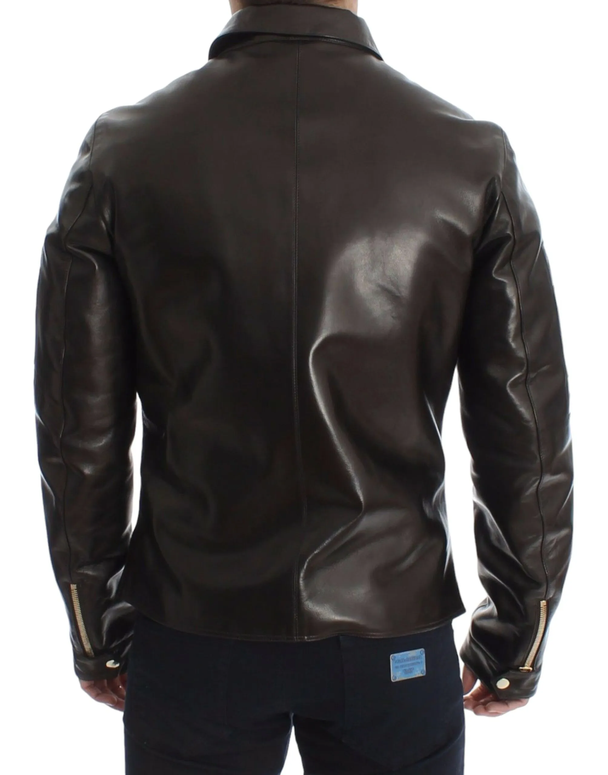 Dolce & Gabbana Men's Elegant Brown Gold-Detailed Leather Jacket