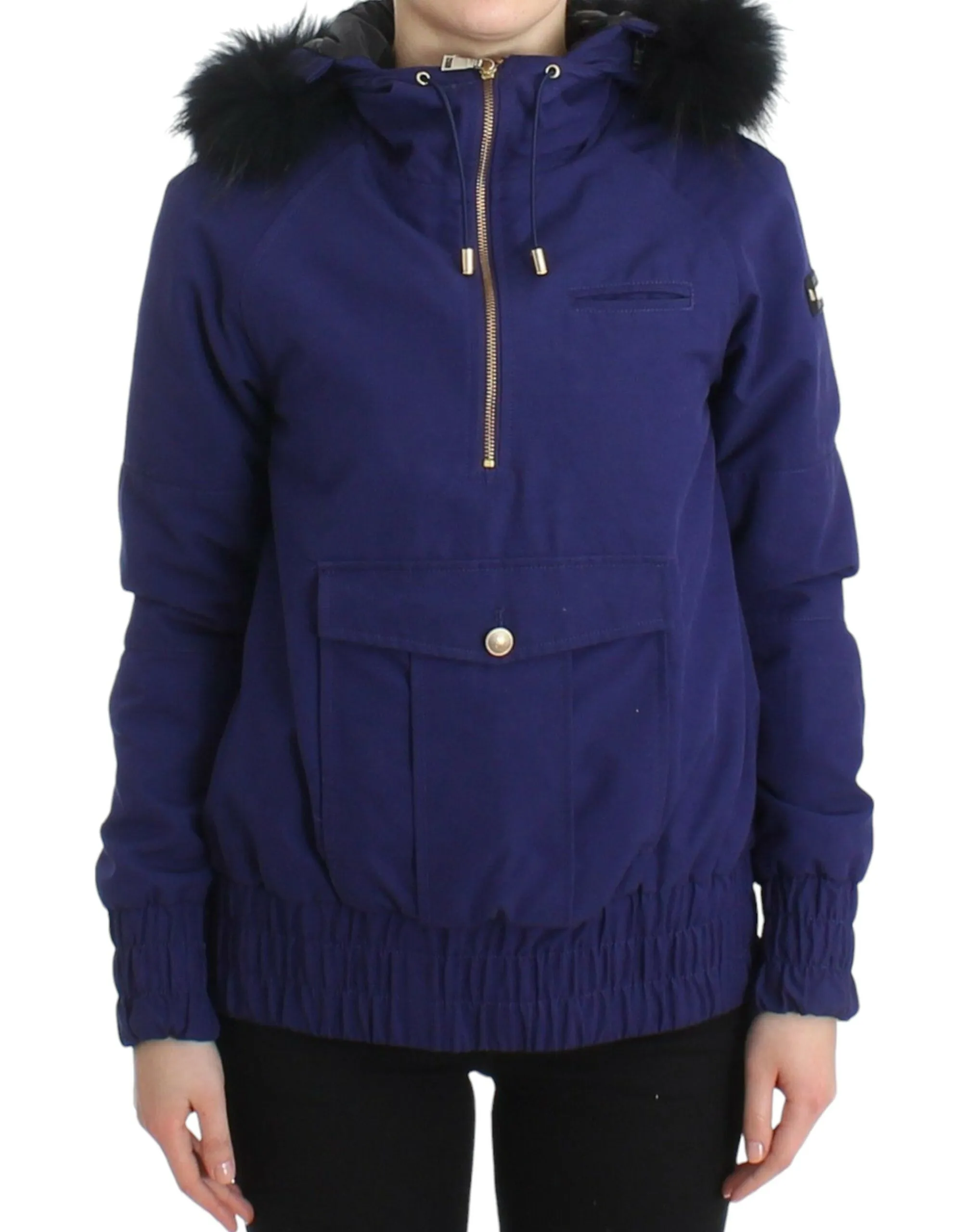 GF Ferre Women's Chic Blue K-Way Jacket with Faux Fur Accent