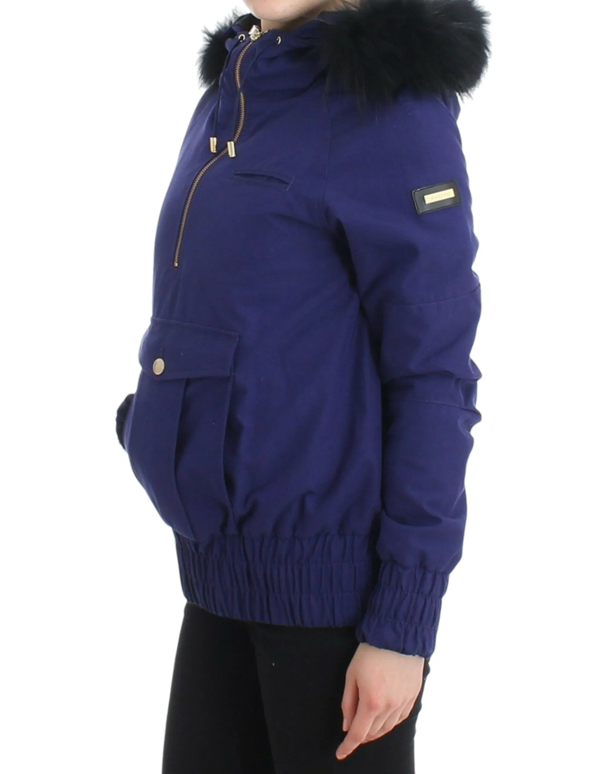 GF Ferre Women's Chic Blue K-Way Jacket with Faux Fur Accent