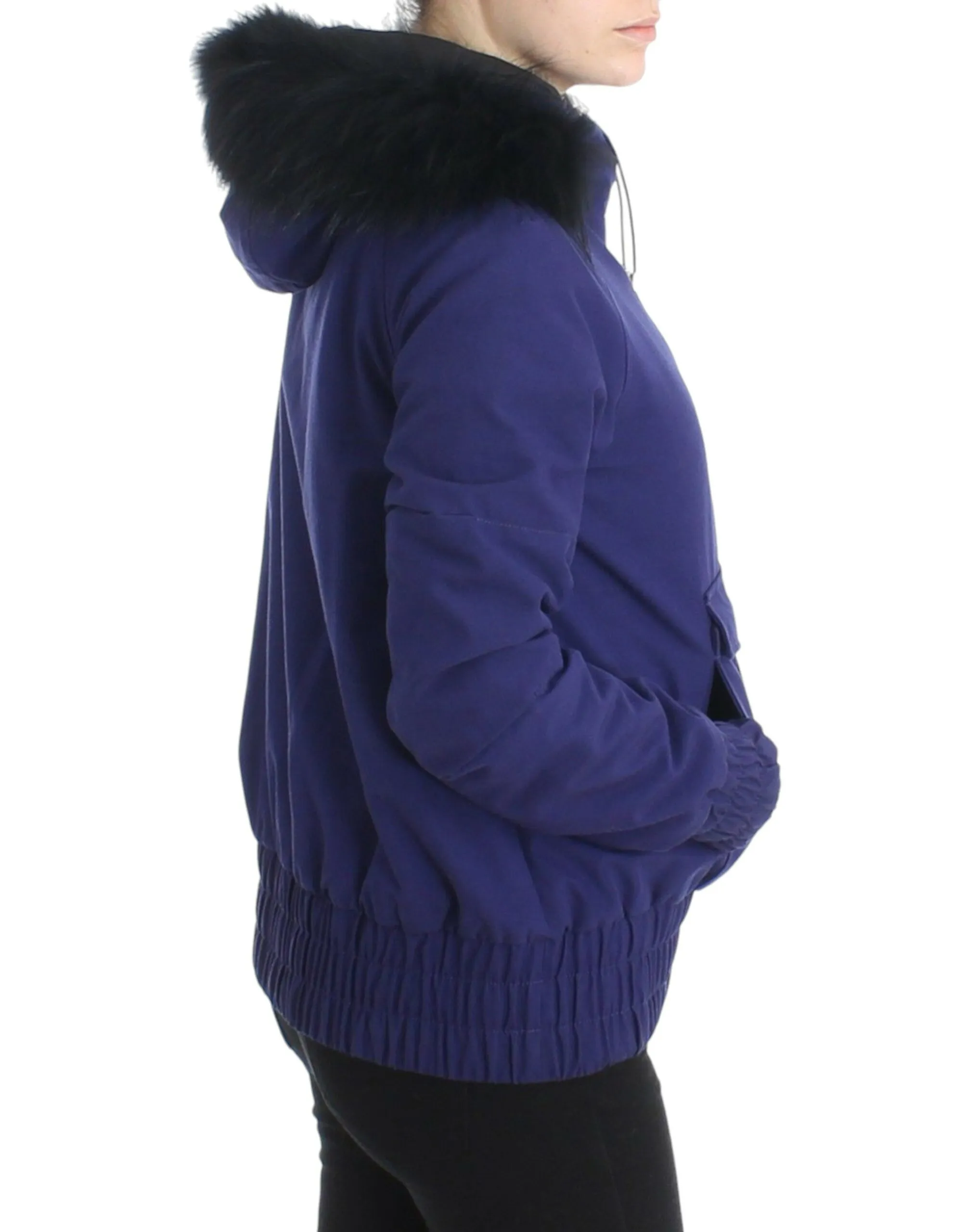 GF Ferre Women's Chic Blue K-Way Jacket with Faux Fur Accent