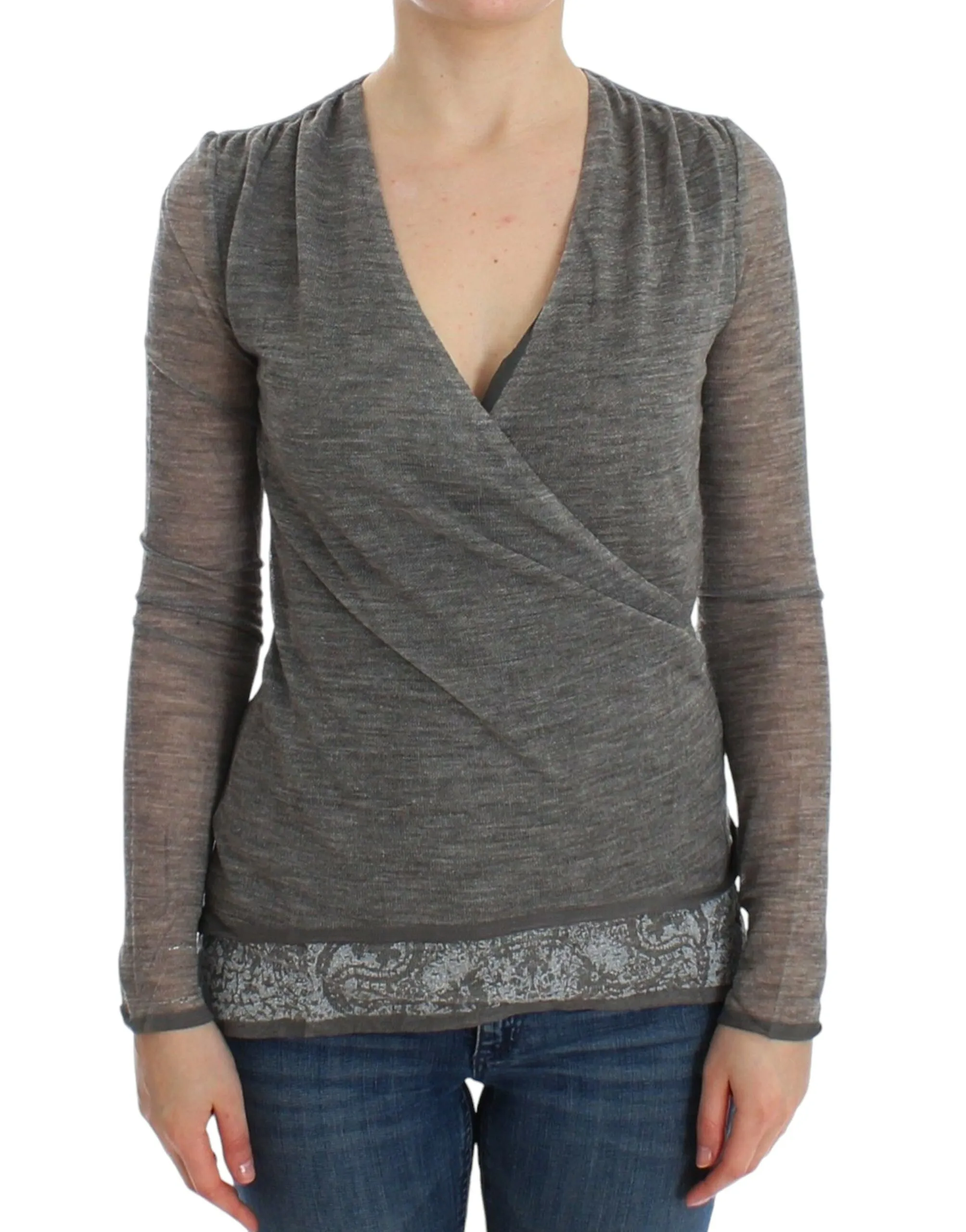 Ermanno Scervino Women's Elegant Gray Wool Blend Deep V-neck Sweater
