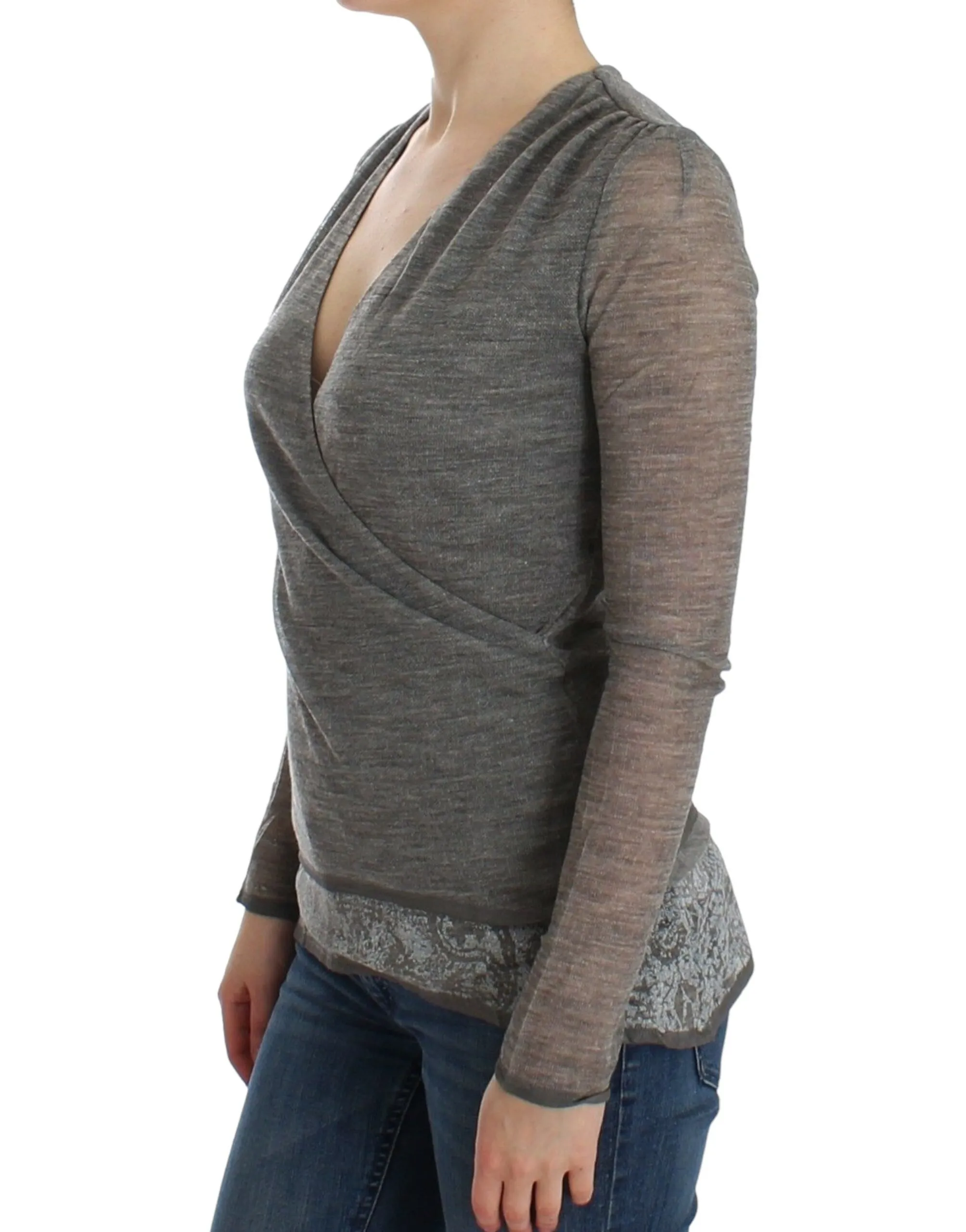 Ermanno Scervino Women's Elegant Gray Wool Blend Deep V-neck Sweater