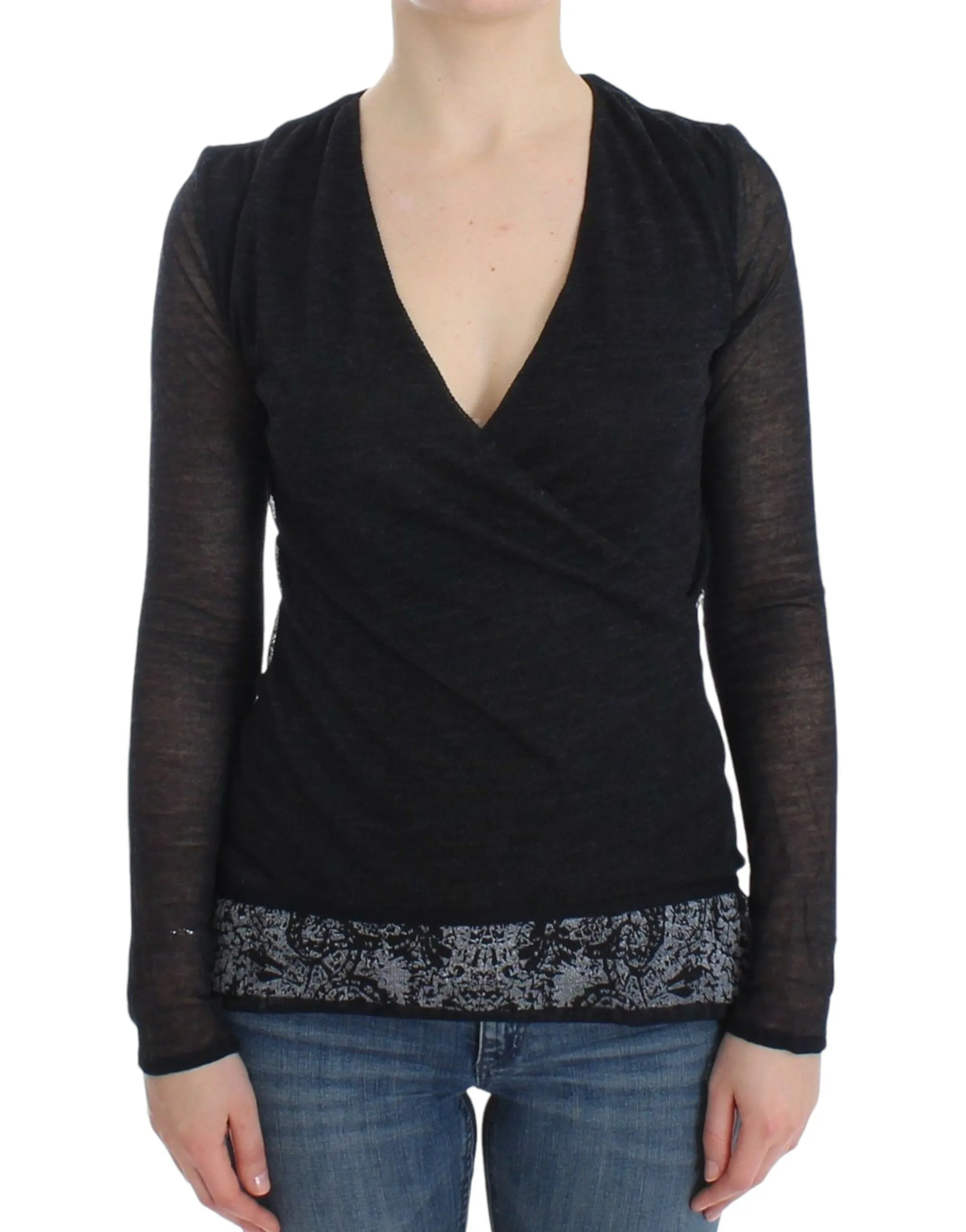 Ermanno Scervino Women's Deep V-neck Black Wool Blend Sweater