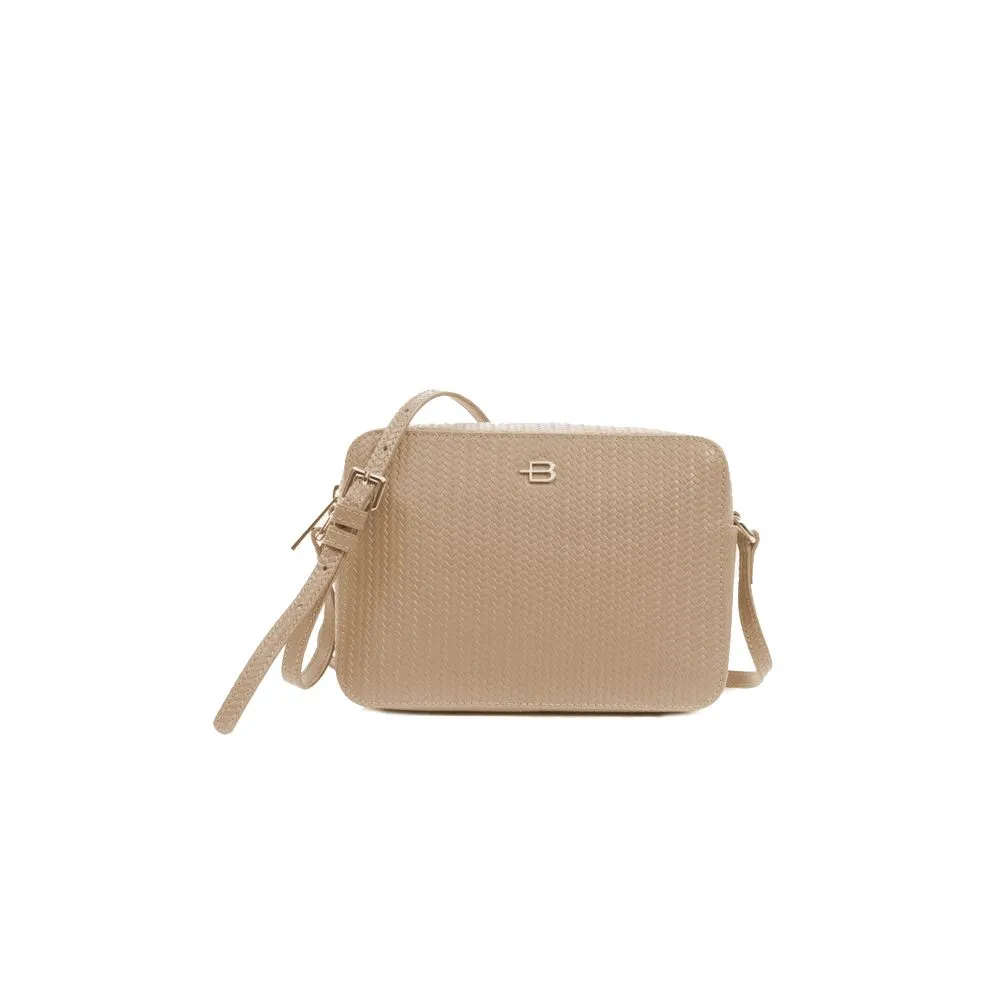 Baldinini Trend Women's Chic Beige Calfskin Camera Bag with Woven Motif