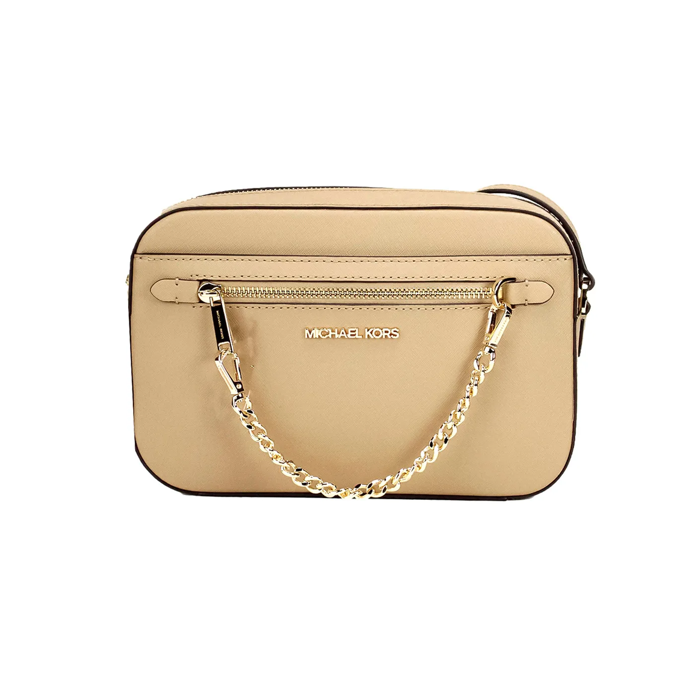 Michael Kors Women's Jet Set East West Large Camel Leather Zip Chain Crossbody Bag
