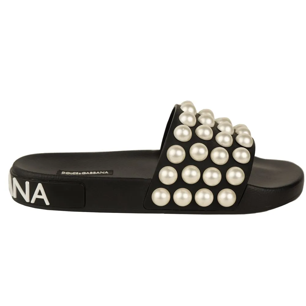 Dolce & Gabbana Women's Chic Black Leather Slippers with Pearl Detail
