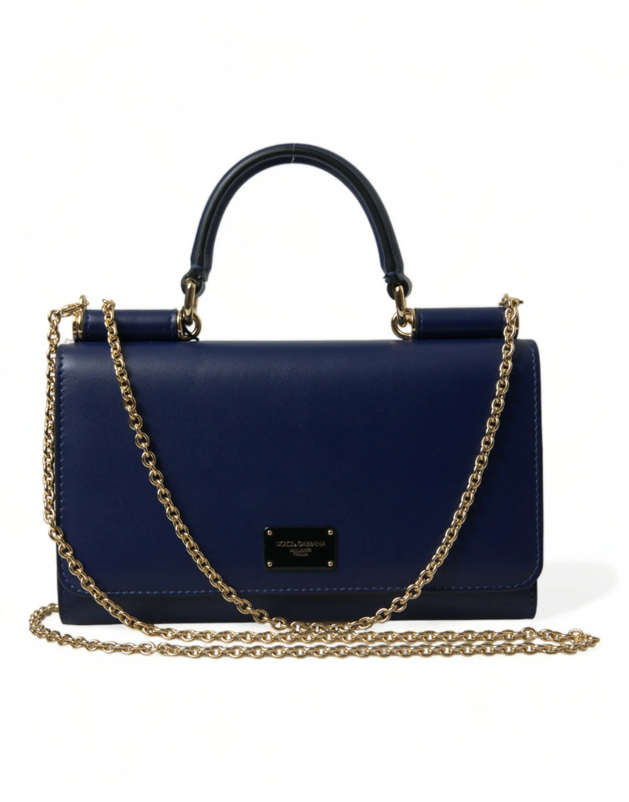 Dolce & Gabbana Women's Elegant Blue Leather Phone Bag with Gold Accents