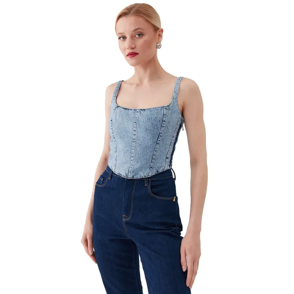 Patrizia Pepe Women's Chic Rhinestone Studded Denim Top