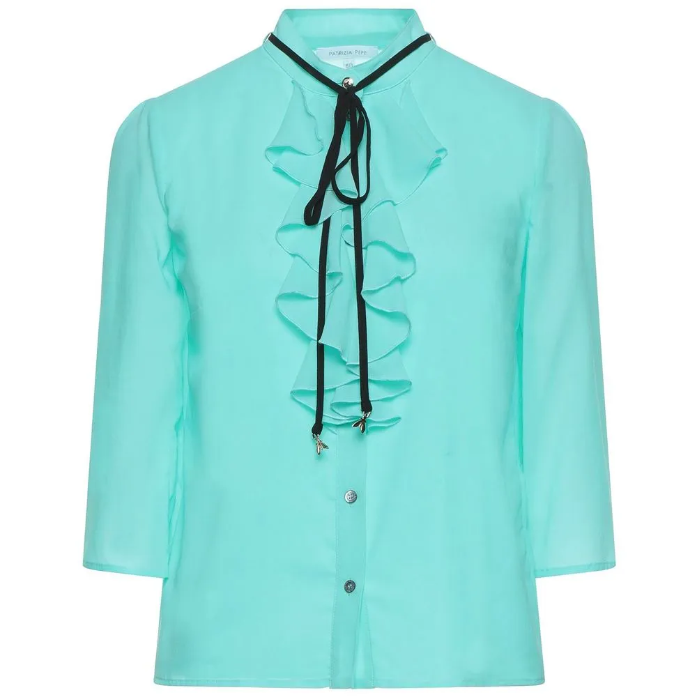 Patrizia Pepe Women's Elegant Light Blue Crepe Blouse with Ruffle Detail