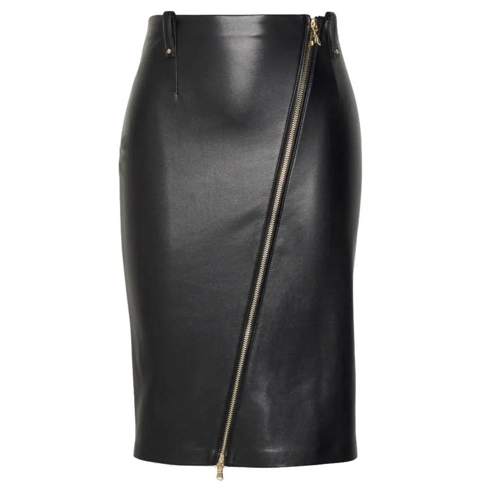 Patrizia Pepe Women's Chic Faux Leather Midi Skirt with Diagonal Zip