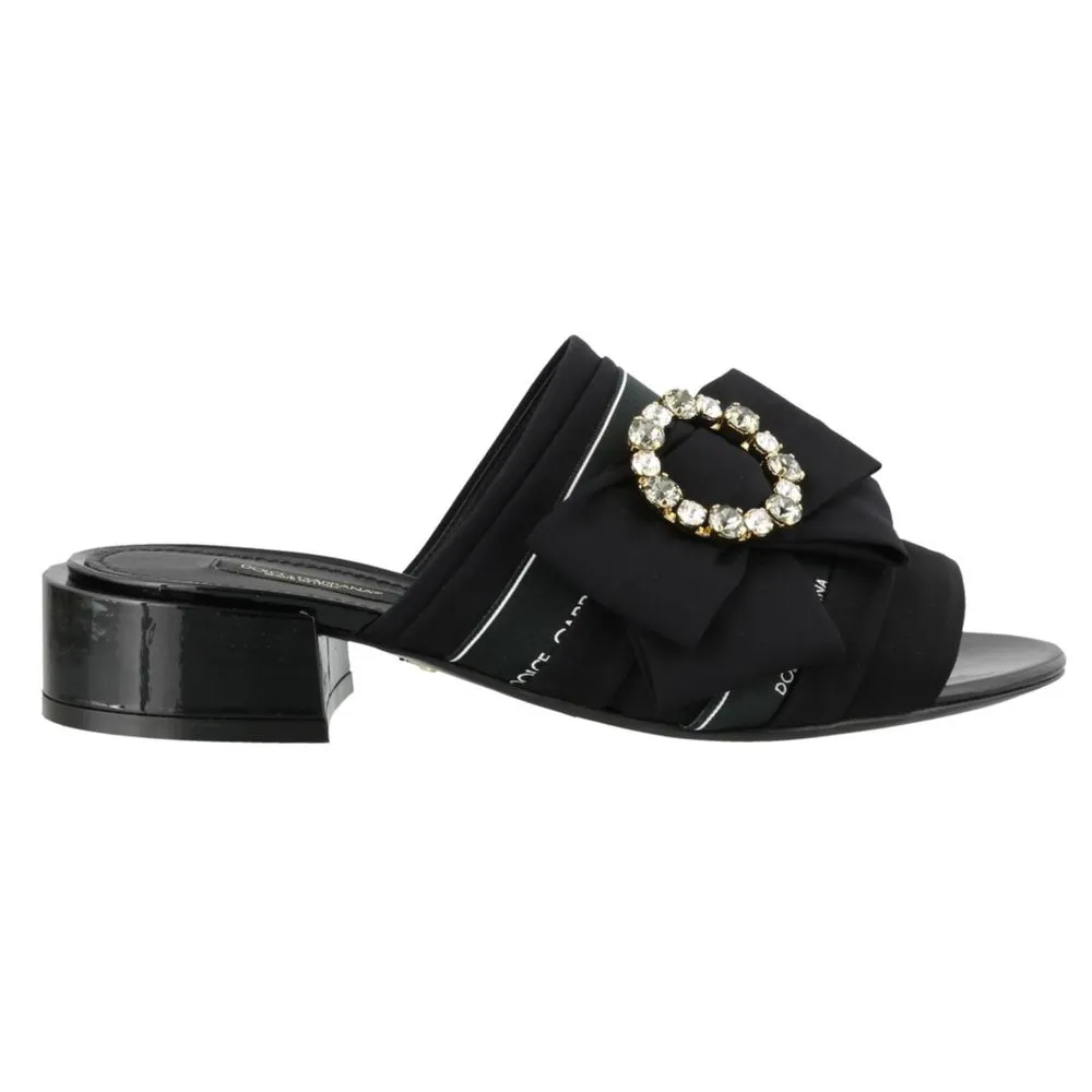 Dolce & Gabbana Women's Elegant Leather Slippers with Rhinestone Brooch