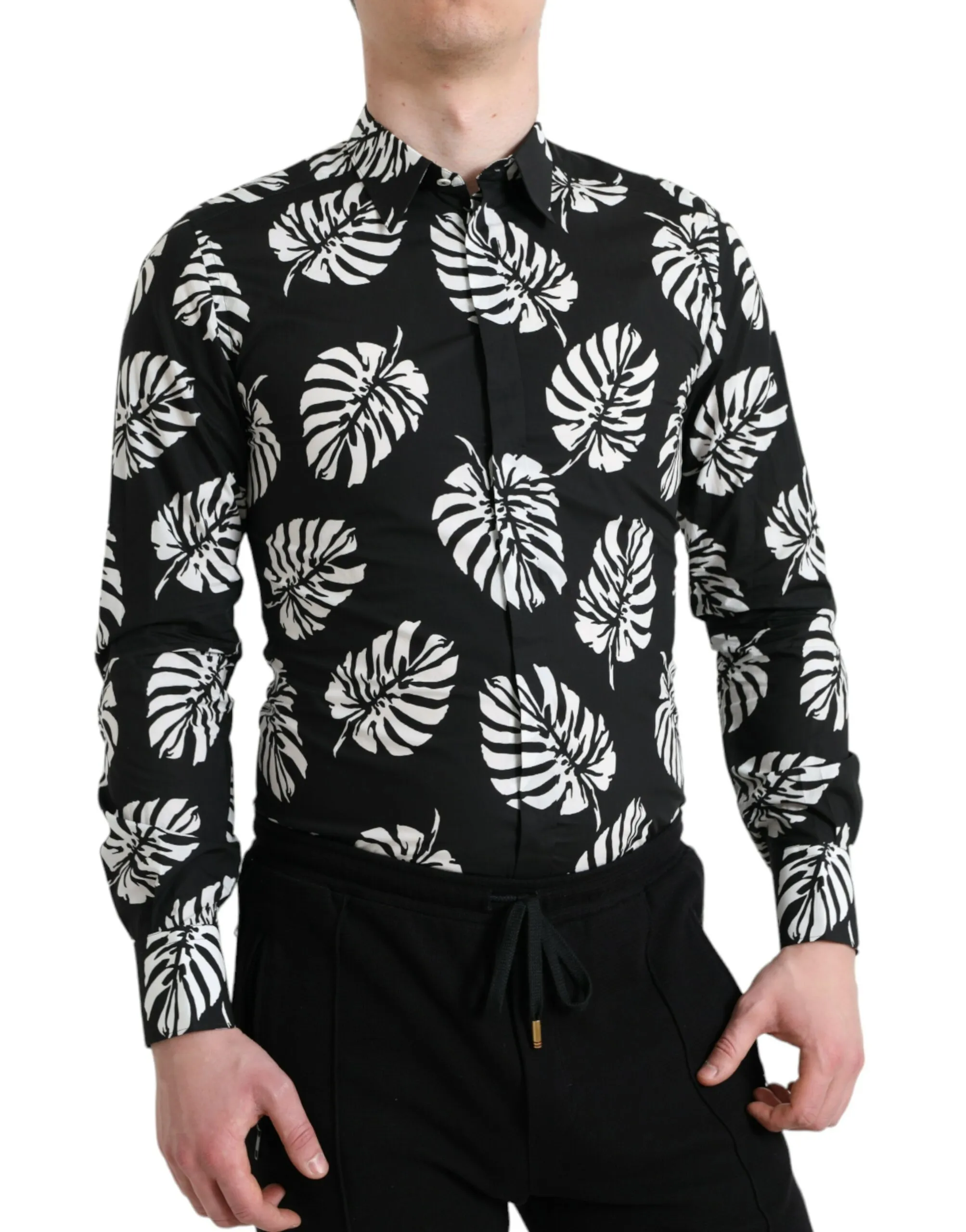 Dolce & Gabbana Men's Elegant Leaf Print Slim Fit Dress Shirt