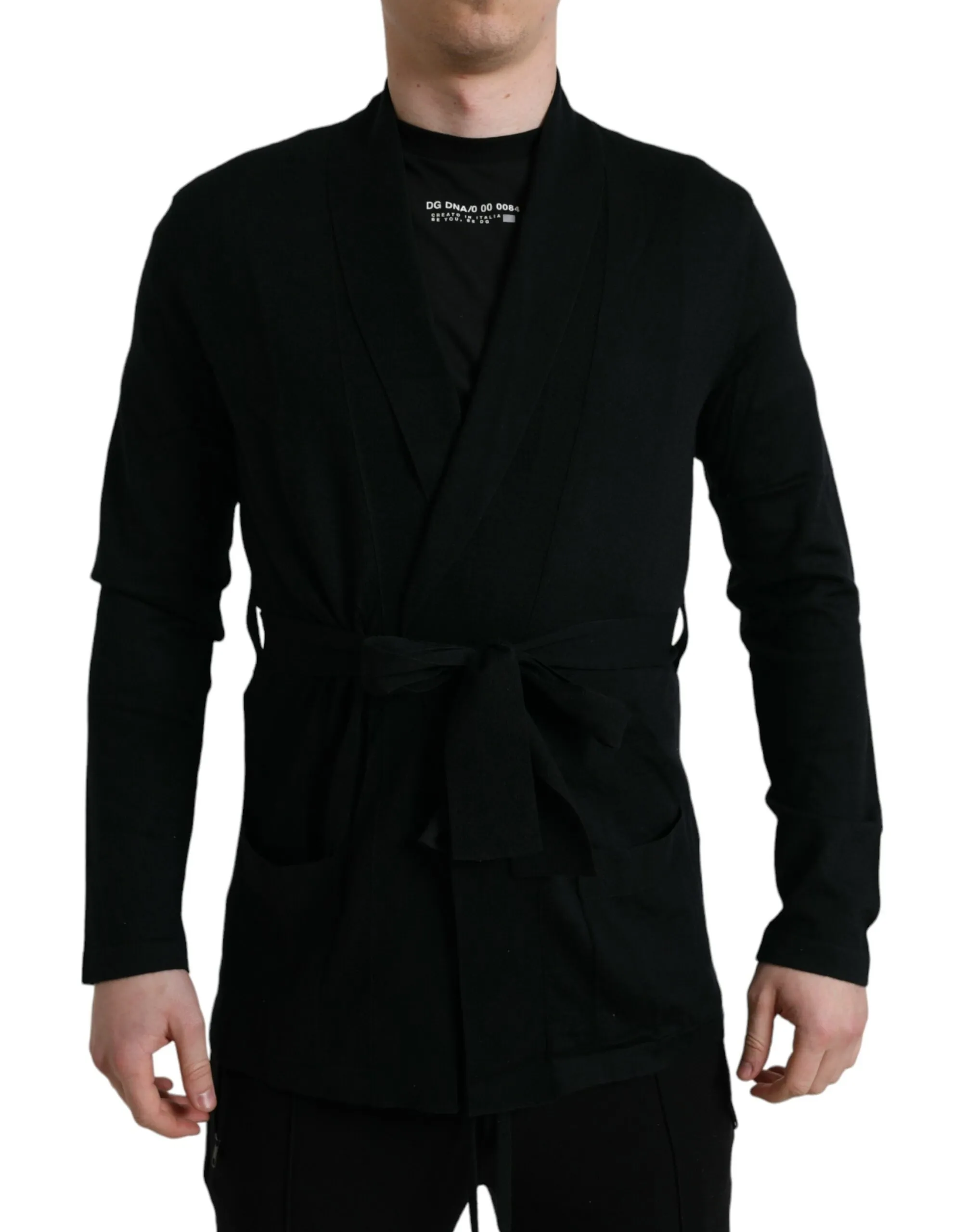 Dolce & Gabbana Men's Elegant Black Cashmere Robe with Waist Belt