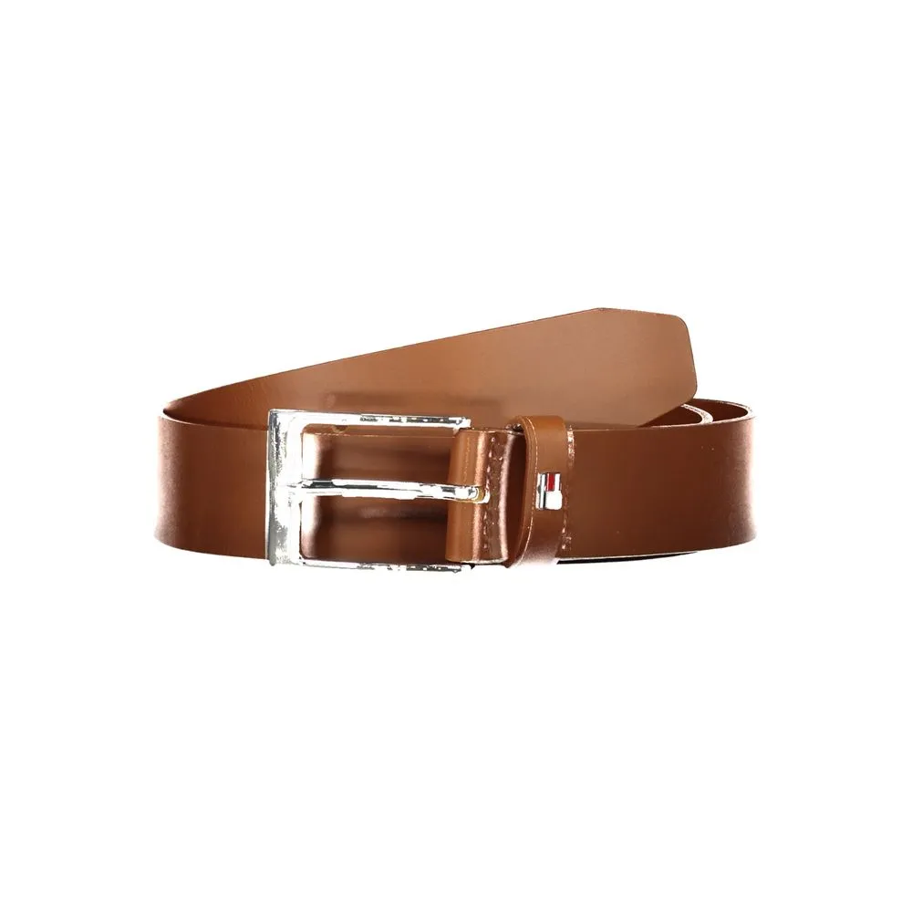 Tommy Hilfiger Men's Elegant Brown Leather Belt with Metal Buckle
