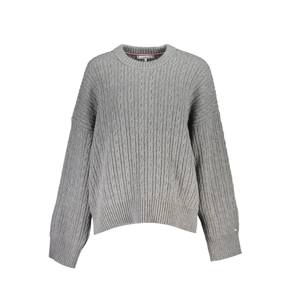 Tommy Hilfiger Women's Elegant Gray Crew Neck Sweater with Logo Detail