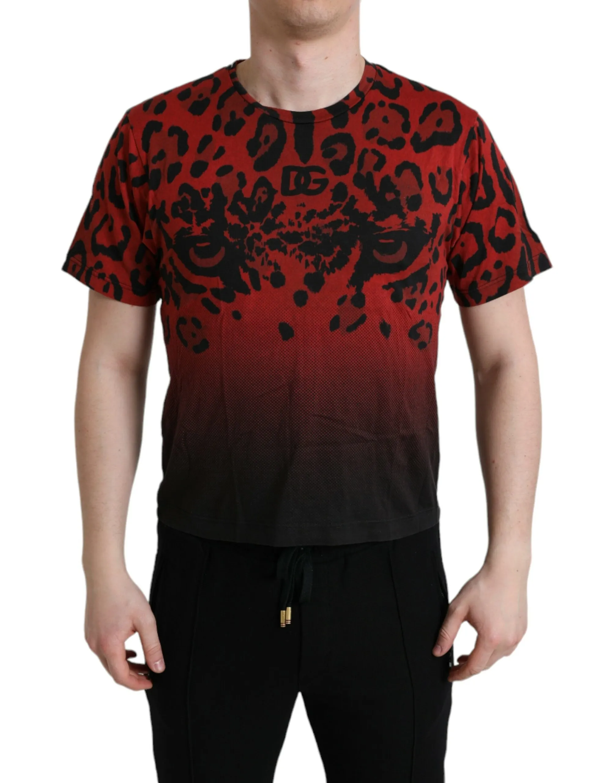 Dolce & Gabbana Men's Red Leopard Print Crew Neck Tee
