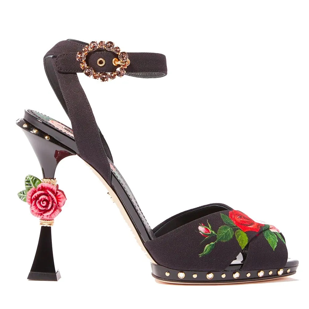 Dolce & Gabbana Women's Elegant Black Calfskin Floral Sandals