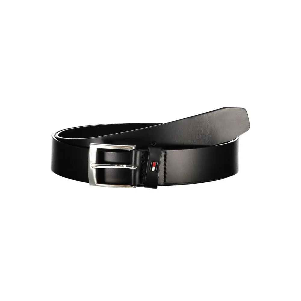 Tommy Hilfiger Men's Sleek Black Leather Belt with Classic Metal Buckle