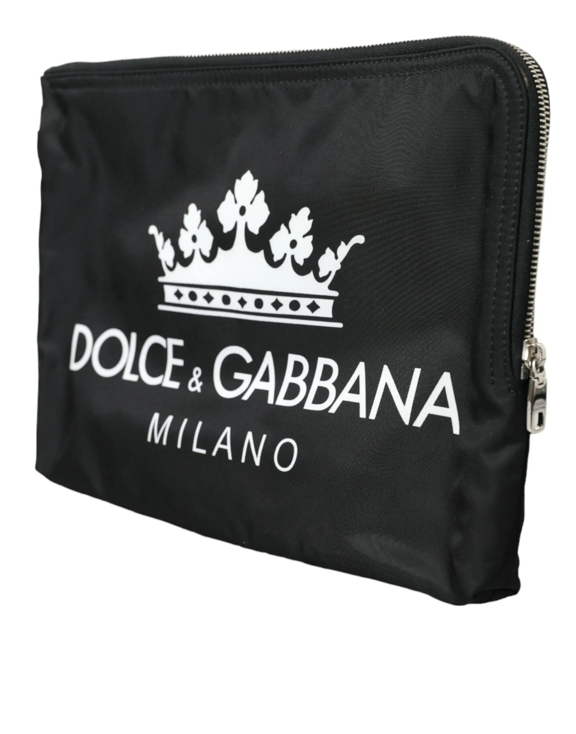 Dolce & Gabbana Men's Elegant Black Nylon Clutch with Crown Print